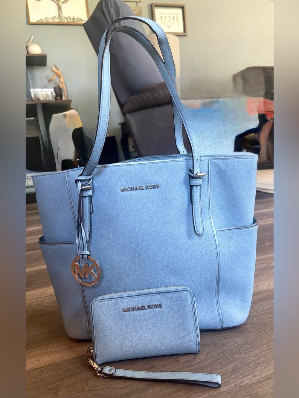 Michael Kors Pale Blue Saffiano Leather Bag with Matching Wristlet